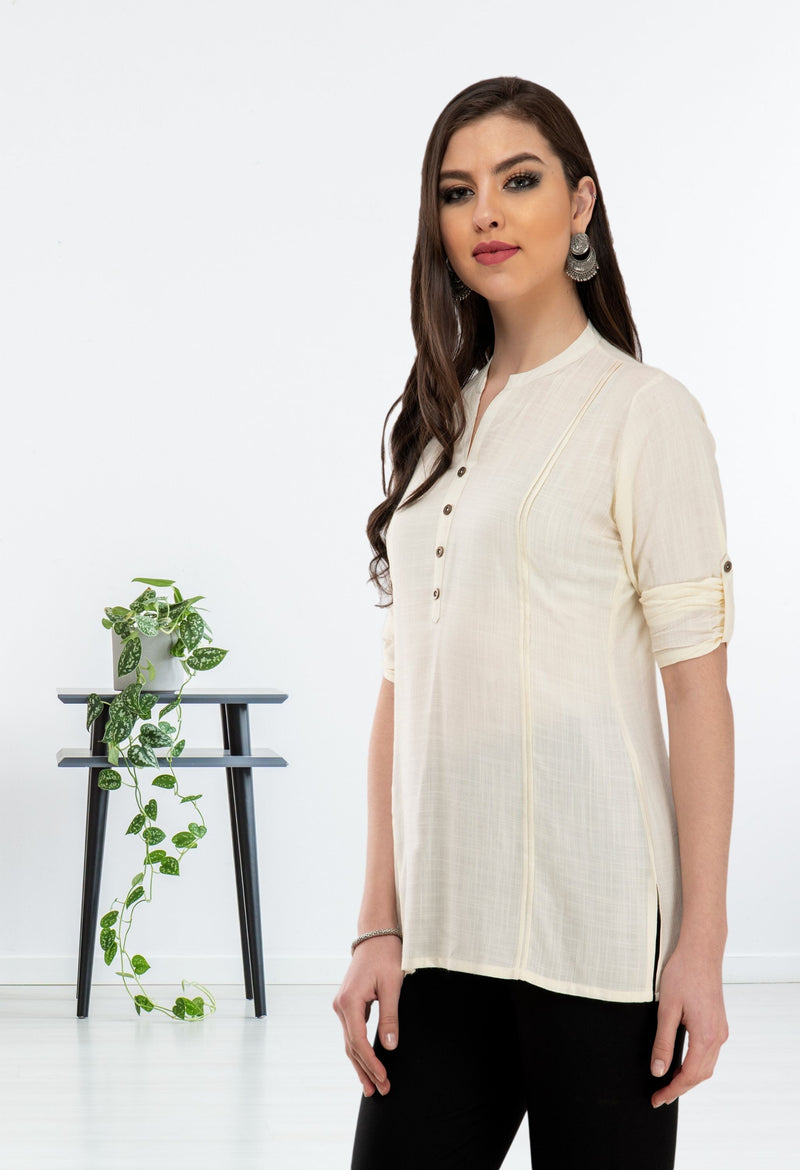 White Short Kurta with Dark Pink and Light Pink Embroidery